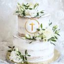 Gold cross engraving in an acrylic circle