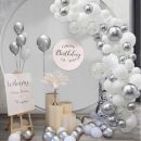 Girlandenballons weiß und silber + silbernes Konfetti 100 Stk