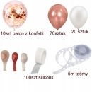 Balony w kształcie girlandy różowo-miedziano-białe + złote konfetti 100 szt