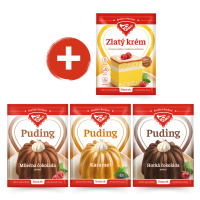 RODINNÉ BALENÍ pudink hořká čokoláda, pudink mléčná čokoláda, pudink karamel a Zlatý krém