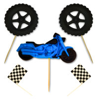 Motorcycle pit, wheels and flags