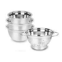 Set of stainless steel bowls and colander