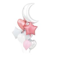 Balóny bielo-strieborno-ružové, mesiac, hviezdy, srdce 8 ks
