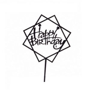 Zápich - štvorec Happy Birthday čierny akryl