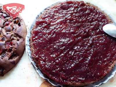 Gluten-free rhubarb cake with strawberry jam