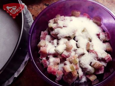 Gluten-free rhubarb cake with strawberry jam