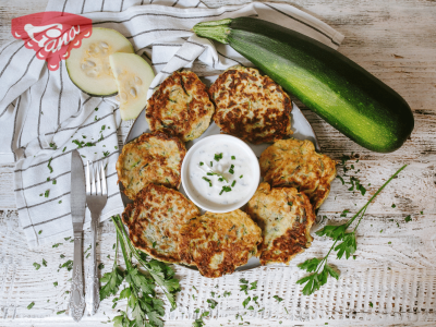Gluten-free zucchini pancakes with yogurt-herb dip