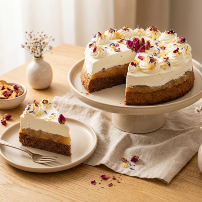 Gluten-free gingerbread cake with apples and mascarpone whipped cream