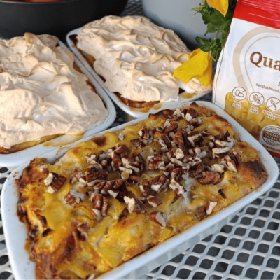 Gluten-free baked pasta with cottage cheese and fruit