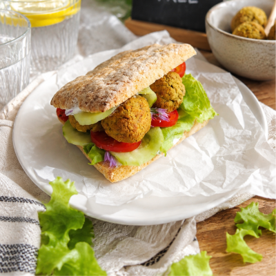 Gluten-free ciabatta with homemade falafel