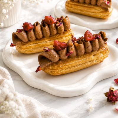 Bezlepkové čokoládové eclairky s višňovým džemem a ganache