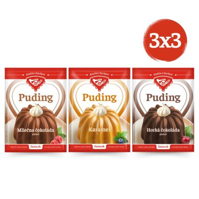 PAKIET XXL 3x budyń z ciemnej czekolady, 3x budyń z mlecznej czekolady i 3x karmel