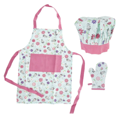 Kinderschürze mit Blumenmuster + Handschuh + Mütze