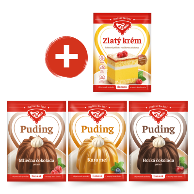 PAKIET RODZINNY pudding z ciemnej czekolady, pudding z mlecznej czekolady, pudding karmelowy i Golden Cream