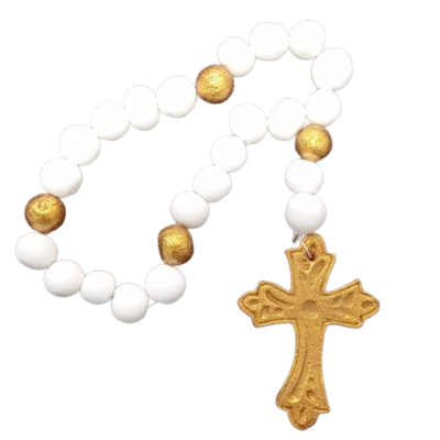 Dekoratív rózsafüzér fehér-arany 17 cm
