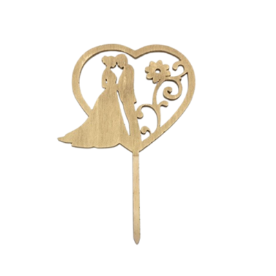 Gravur Hochzeitspaar mit Blume in Herz Holz goldfarben