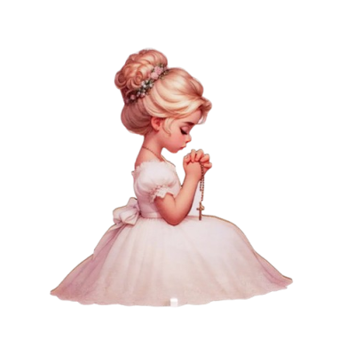 Holzschnitzerei eines Mädchens mit Rosenkranz