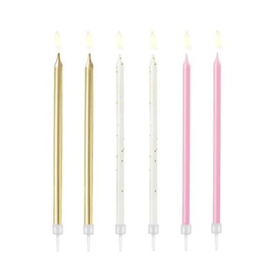 Geburtstagskerzen, bunt gemischt, weiß-rosa-gold, 6 Stk.