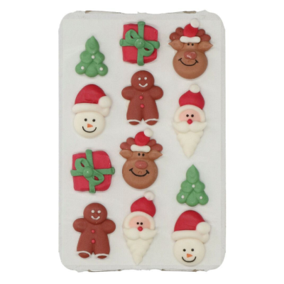 Weihnachts-Zuckerdeko-Set Weihnachtsmann, Geschenk, Rentier, Baum 12-tlg