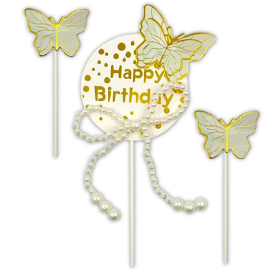 Stickerei - Happy Birthday mit Schmetterlingen und Perlen