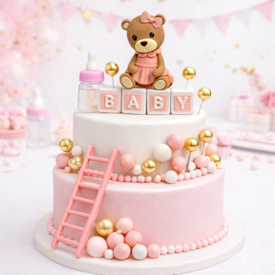 Medvídek, láhev, kostky baby a kuličky růžové