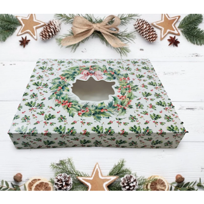 Dessertbox mit Weihnachtsdeko, Stechpalmenzweig, 30 x 25 x 5 cm