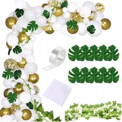 Garland balloons white-gold + leaves 122 pcs