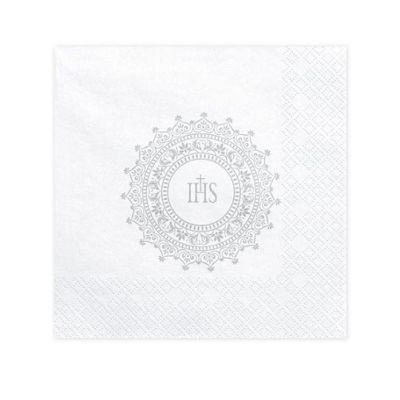 White napkins + silver inscription IHS 20 pcs