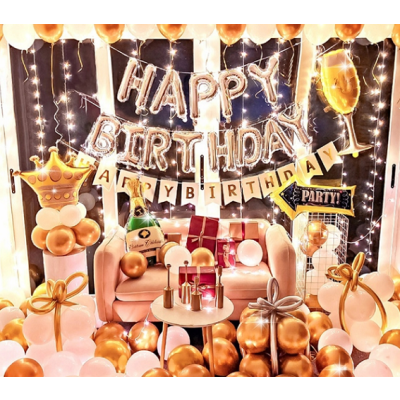 Balloons garland + Hapy Birthday golden LED inscription
