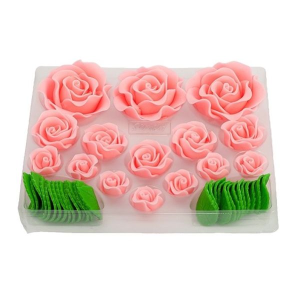 Set of 15 pink roses and leaves