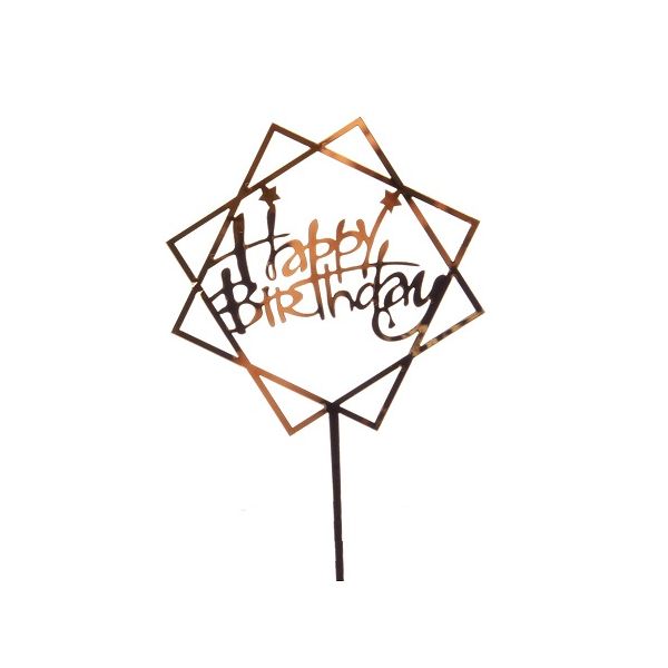 Zápich - štvorec Happy Birthday zlatý akryl