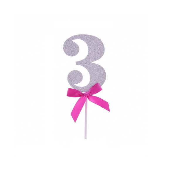 Zápich - číslo 3 s mašľou, strieborné Zápich - číslo 3 s mašľou, strieborné