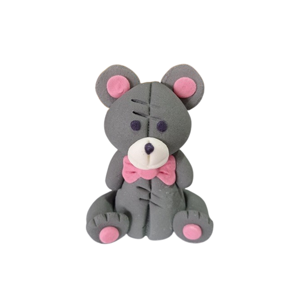 Gray teddy bear with a pink bow