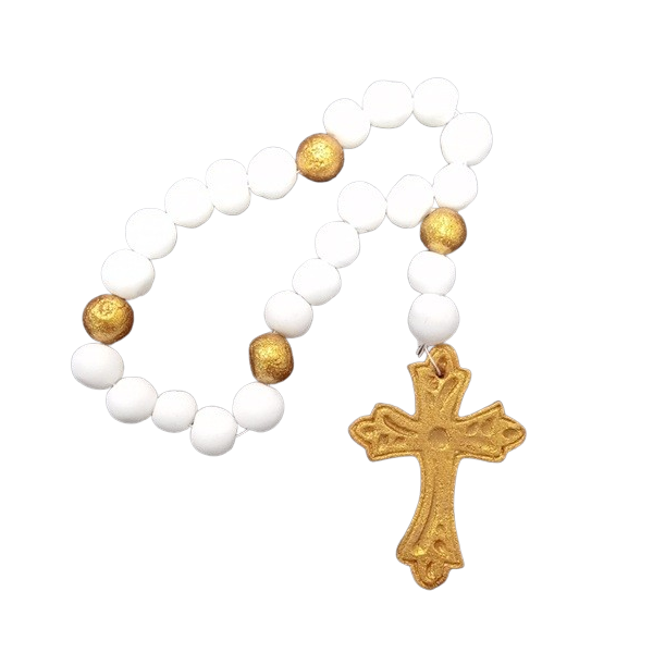 Dekorativer Rosenkranz, weiß-golden, 17 cm