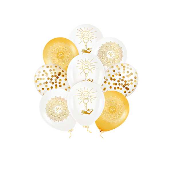 Balloons - white-gold IHS, chalice and confetti 9 pcs