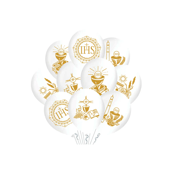 Balloons - white-gold IHS and chalice 10 pcs