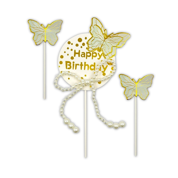 Zápich - Happy Birthday s motýľmi a perličkami