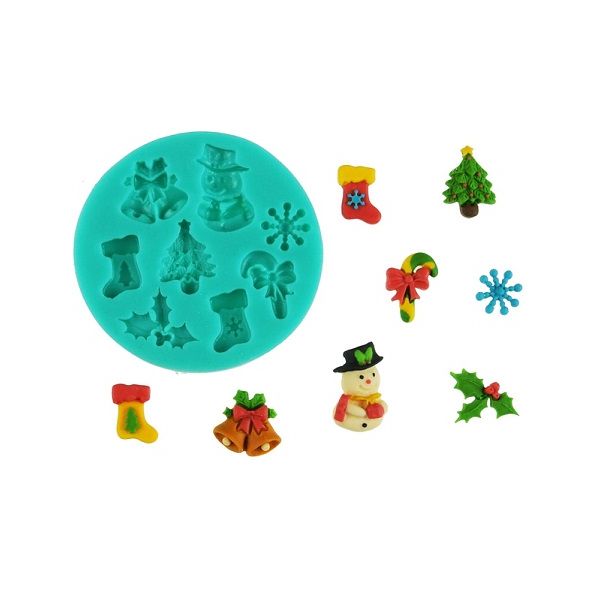 Silikonform Mini-Glöckchen, Weihnachtsmann, Baum, Stiefel