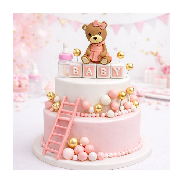 Teddybär, Flasche, Babybausteine und rosa Bälle