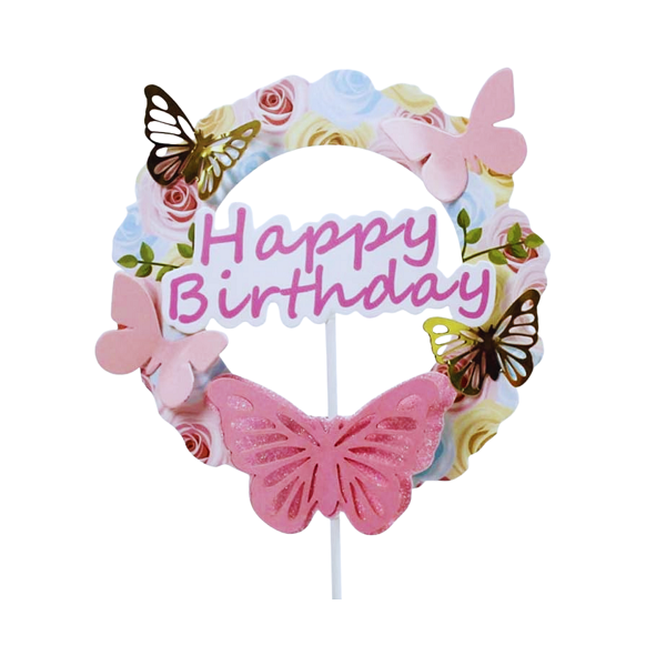 Embroidery - Happy BIrthday butterflies pink