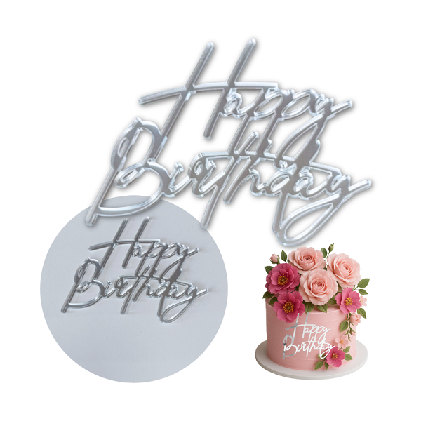 Happy Birthday-Schild aus silbernem Acryl