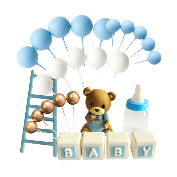 Medvídek, láhev, kostky baby a kuličky modré