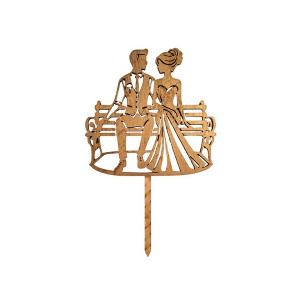 Wedding couple on a bench, wood, gold color