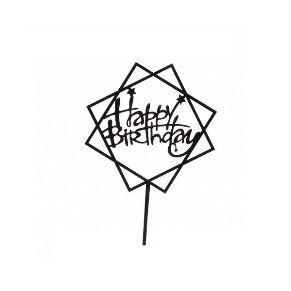 Zápich - čtverec Happy Birthday černý akryl