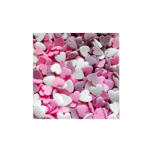 50 g weiß-rosa-lila Herzen darüber streuen