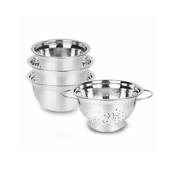 Set of stainless steel bowls and colander