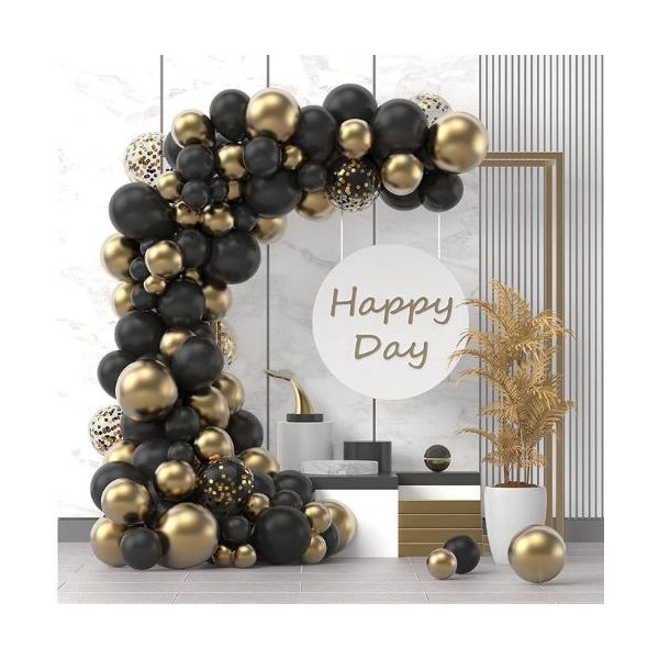 Girlandenballons Schwarz und Gold + Konfetti 120 Stk