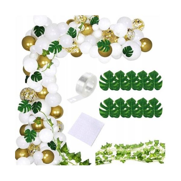 Garland balloons white-gold + leaves 122 pcs