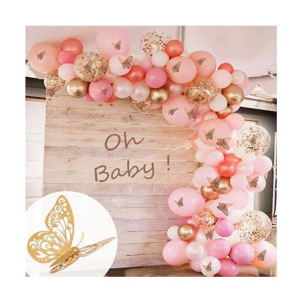 Garland pink-gold balloons + confetti and butterflies 107 pcs