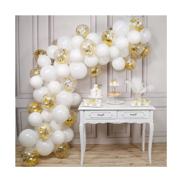 Girlandenballons Weiß + Gold Konfetti 110 Stk